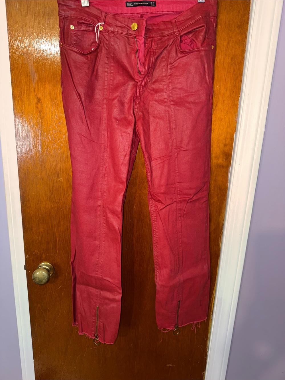 Zara Red Straight-Leg Jeans with Ankle Zips